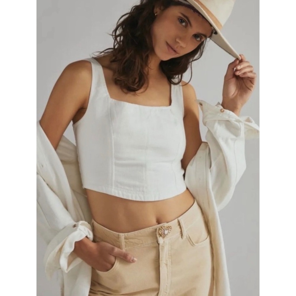 Pilcro Anthropologie White Cotton Linen Smocked Crop Top XL Coquette Coastal